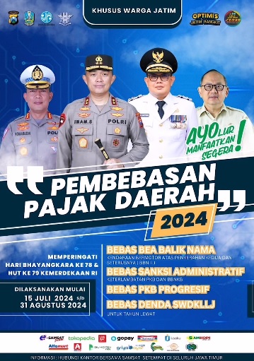 Pemerintah Provinsi Jawa Timur (Pemprov Jatim), bekerja sama dengan Polda Jatim, mengumumkan program pembebasan pajak kendaraan bermotor yang menjadi kabar baik bagi warga Jawa Timur. Foto: ig humaspoldajatim