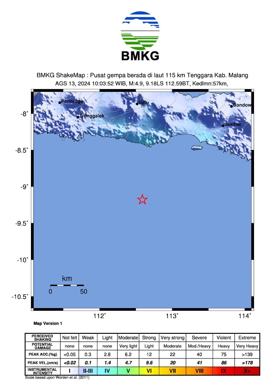 Pada pukul 10.03 WIB, Selasa (13/8/2024), warga Kabupaten Malang dikejutkan oleh guncangan gempa bumi tektonik dengan magnitudo 4,9