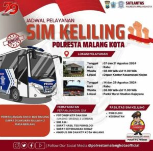 Satlantas Polresta Malang Kota telah merilis jadwal terbaru untuk layanan SIM keliling sepanjang bulan Agustus 2024. Foto: Instagram Polresta Malang