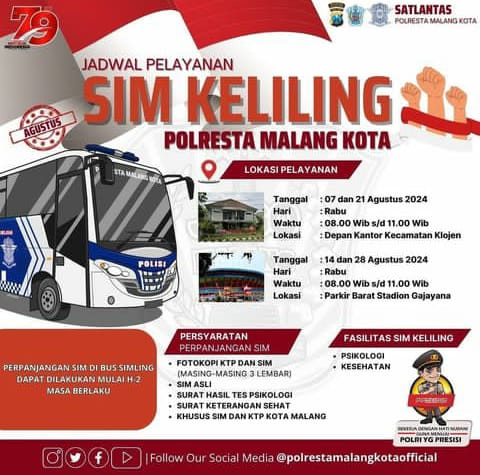 Satlantas Polresta Malang Kota telah merilis jadwal terbaru untuk layanan SIM keliling sepanjang bulan Agustus 2024. Foto: Instagram Polresta Malang