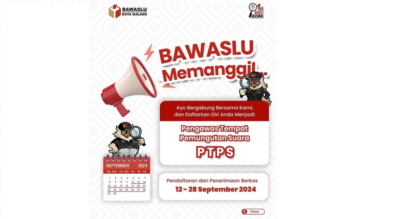 Badan Pengawas Pemilihan Umum (Bawaslu) kembali membuka kesempatan bagi masyarakat yang ingin berpartisipasi aktif dalam Pemilihan Kepala Daerah (Pilkada) Serentak 2024 dengan menjadi Pengawas Tempat Pemungutan Suara (PTPS).