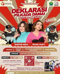 Kota Malang semakin semarak menyambut Pemilihan Kepala Daerah (Pilkada) 2024 dengan gelaran acara bertajuk "Deklarasi Pilkada Damai: Sosialisasi Pengawasan Partisipatif Kota Malang 2024".