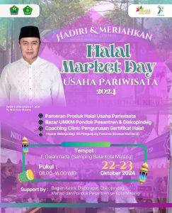 Dalam rangka memperingati Hari Santri Nasional ke-9, Pemerintah Kota Malang berkolaborasi dengan Pondok Pesantren (Ponpes) dan Mahad se-Kota Malang menyelenggarakan acara bertajuk Halal Market Day Usaha Pariwisata 2024.
