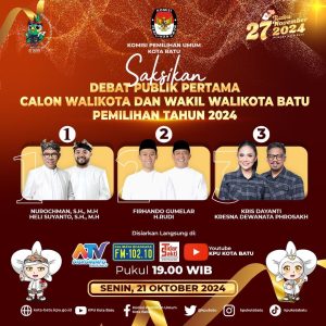 Debat perdana Pemilihan Wali Kota (Pilwali) Batu 2024 akan digelar pada 21 Oktober 2024.